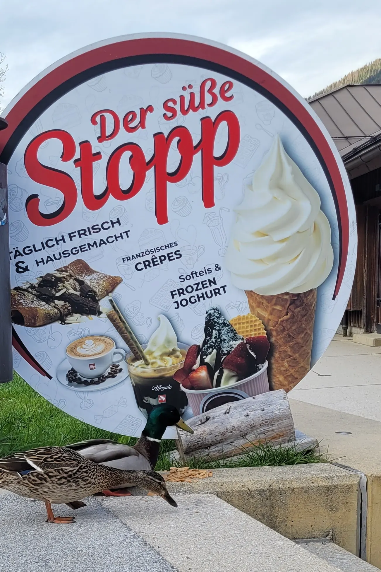 Zwei Enten vor dem Schild von Der Süße Stopp
